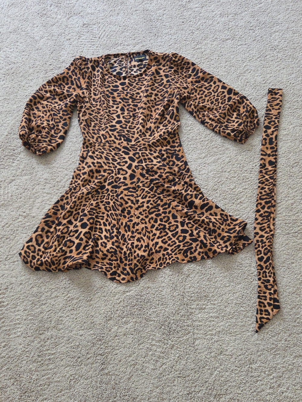 Sugarlips Tan and Black Leopard Print Puff-Sleeve Fit & Flare Dress